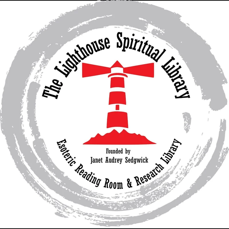 The Lighthouse Spiritual Library logo: a red and white lighthouse inside a grey brush circle. Founded by Janet Audrey Sedgwick.