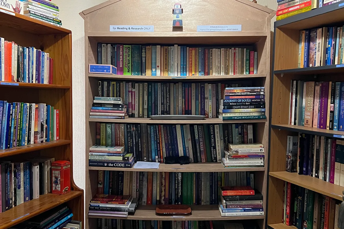 Floor-to-ceiling bookshelves in the library, with a lighthouse figure above the central case